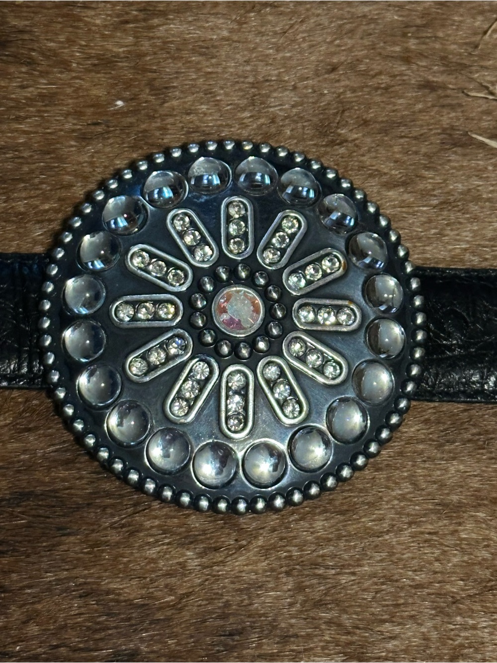 Vintage Tony Lama Women's Black Ostrich Leather Rhinestone Concho Belt - Picture 8 of 12